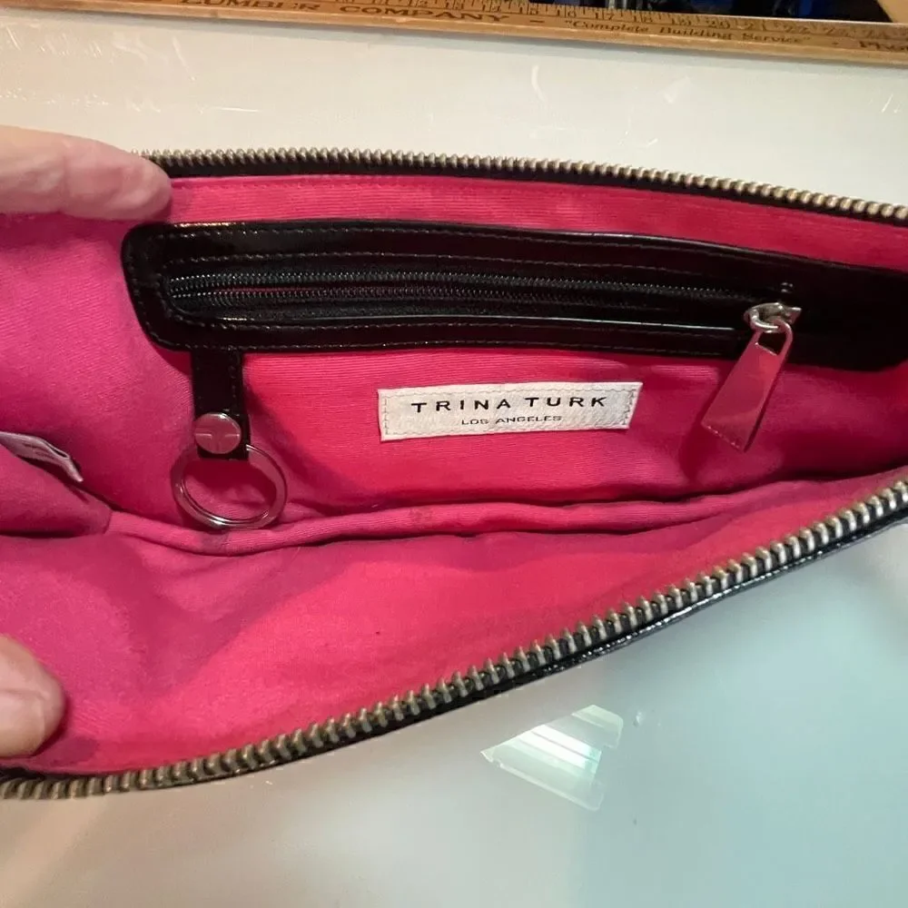 Trina Turk Black Wristlet Patent Genuine Leather Zip Wallet Clutch